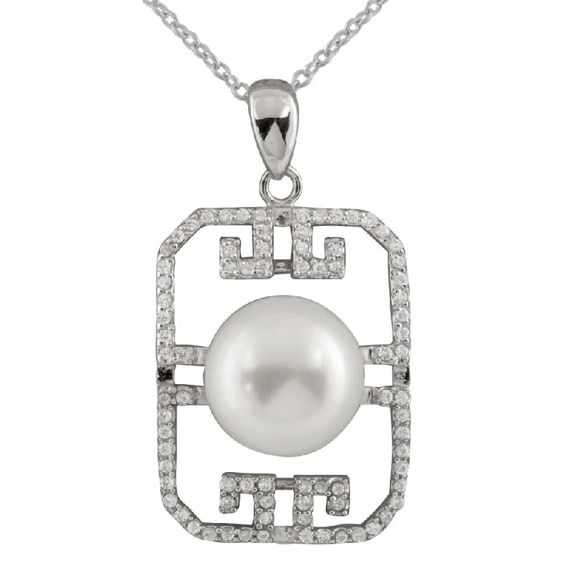 gemstone pendant necklace for gifts -Sterling Silver Cubic Zirconia and Freshwater Pearl Shield Pendant - White