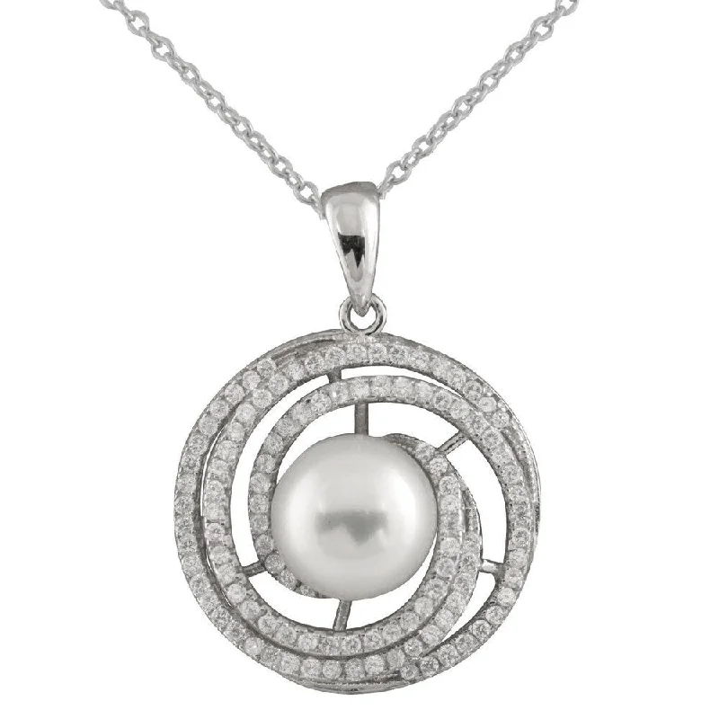 gemstone necklace for women -Sterling Silver Cubic Zirconia Swirl Halo Pearl Pendant - White