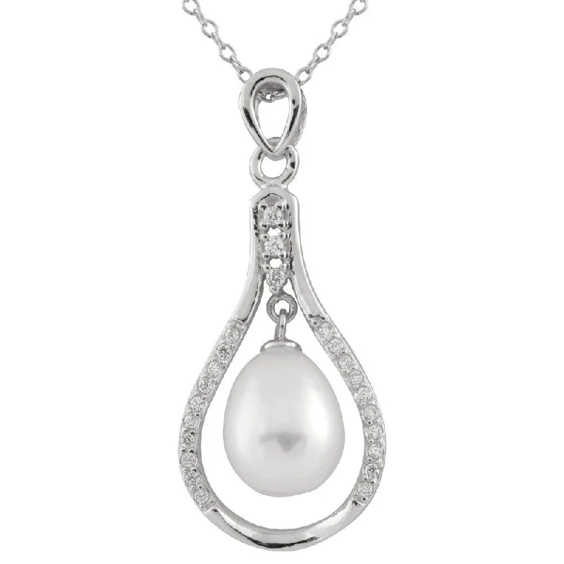 vintage crystal necklace for formal events -Sterling Silver Dangling Drop White Freshwater Pearl Pendant