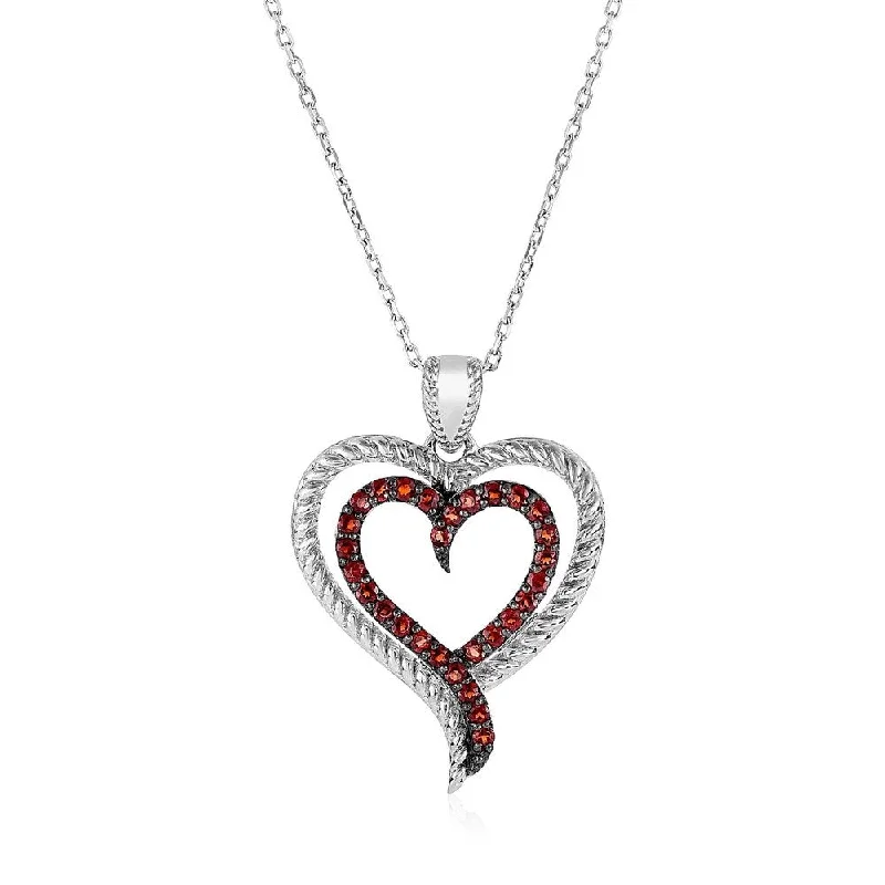 black diamond necklace for special occasions -Sterling Silver Double Heart Pendant with Garnets