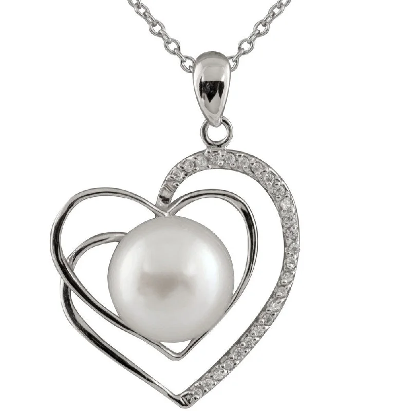 casual pendant necklace for men -Sterling Silver Heart-shaped Pearl Pendant Necklace - White