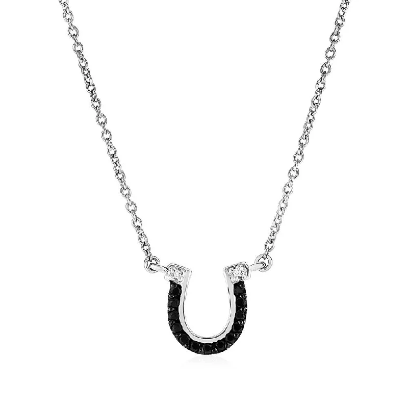 floral pendant necklace for women -Sterling Silver Horseshoe Pendant with Diamonds and Black Spinel