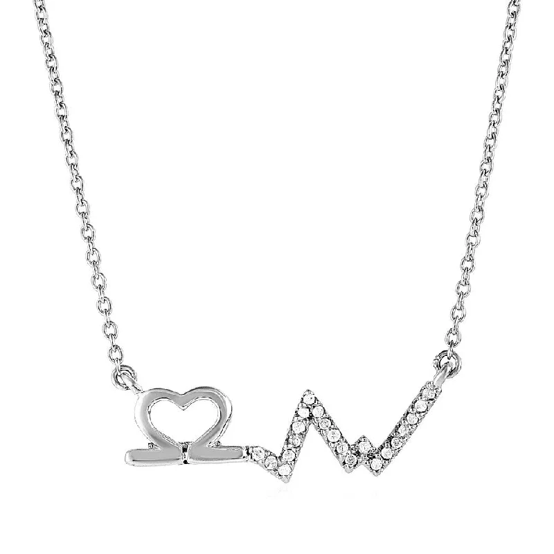 minimalist gold necklace for everyday wear -Sterling Silver Open Heart and Line Motif Pendant with Diamonds