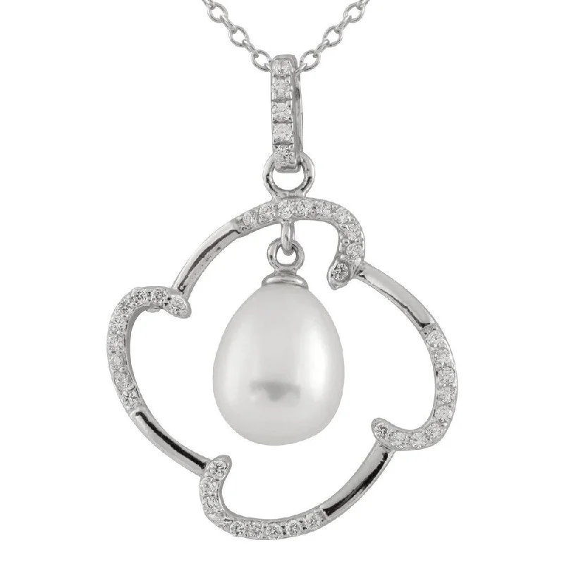 moonstone necklace for women -Sterling Silver Pearl and Cubic Zirconia Dangling Pendant Necklace - White