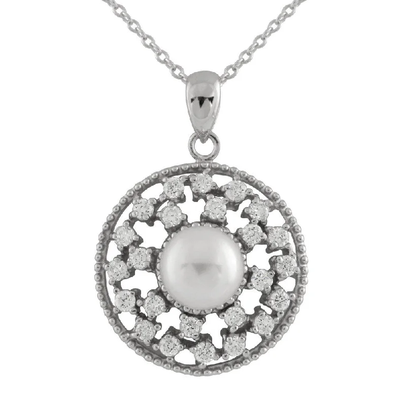 emerald pendant necklace for women -Sterling Silver Pearl and Cubic Zirconia Fancy Halo Pendant Necklace - White