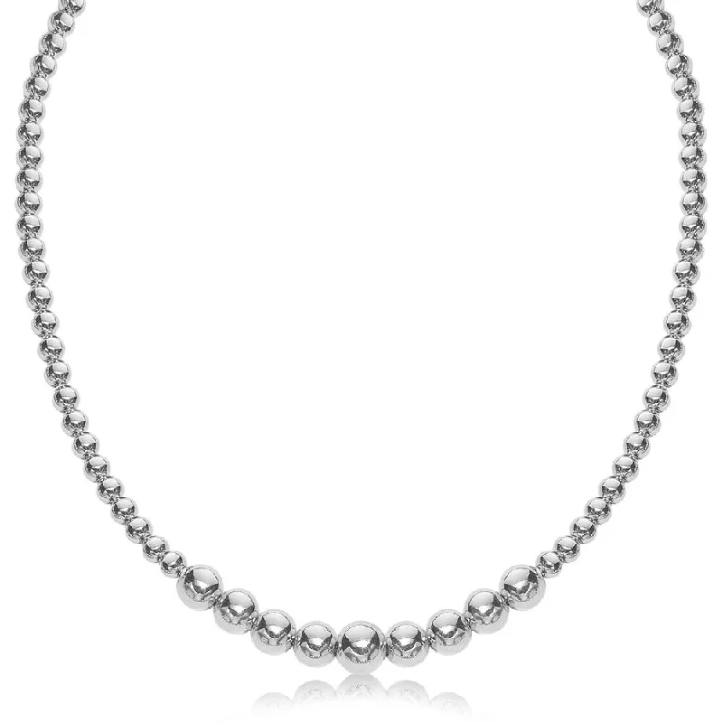 trendy necklace for everyday wear -Sterling Silver Rhodium Plated Graduated Motif Polished Bead Necklace