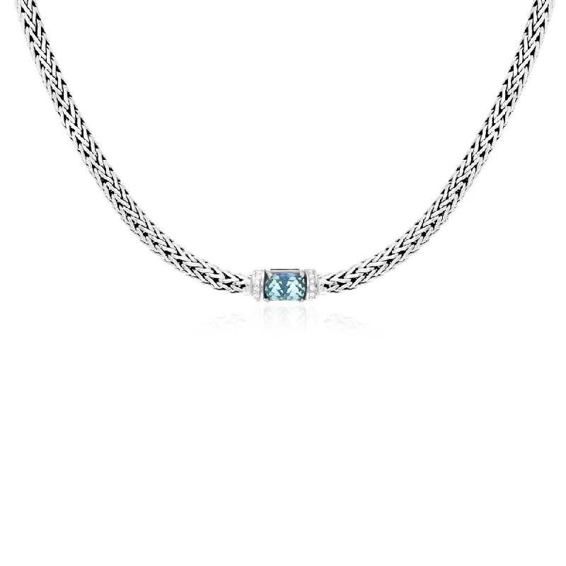 personalized initials necklace for gifts -Sterling Silver Woven Chain Necklace with Blue Topaz and White Sapphires