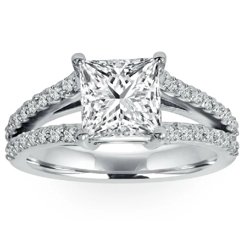 gold ring for men with initials -1 1/3Ct Princess Cut Split Shank Enhanced Diamond Engagement Ring 14K White Gold