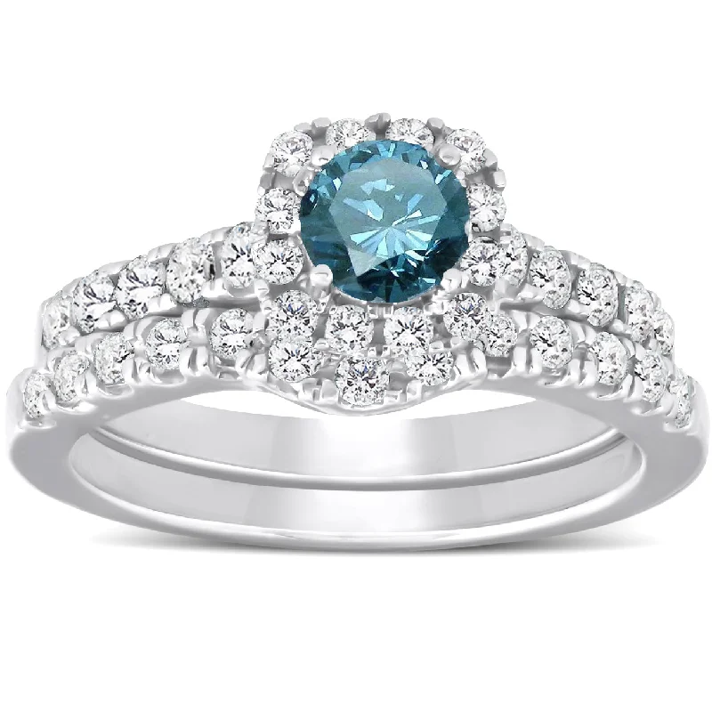 women’s gold ring with pearls -1 1/4ct Cushion Halo Blue Diamond Engagement Ring Set 14K White Gold