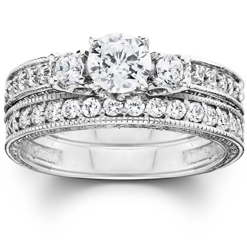 affordable engagement rings for women -1 1/4ct Vintage Diamond Engagement Wedding Ring Set 14K