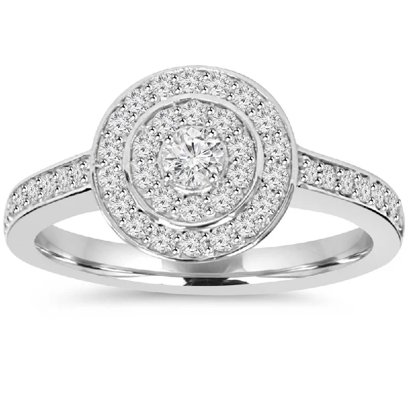 unique rings for men -1/2ct Double Halo Round Diamond Engagement Ring 10K White Gold