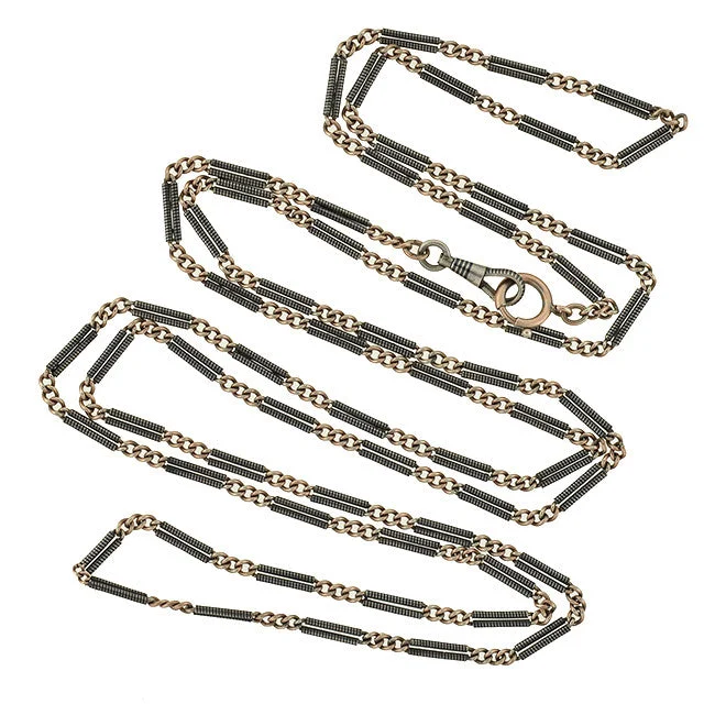 chunky gold necklace for fashion lovers -Victorian Long Niello Striped Double Bar Link Chain 56"