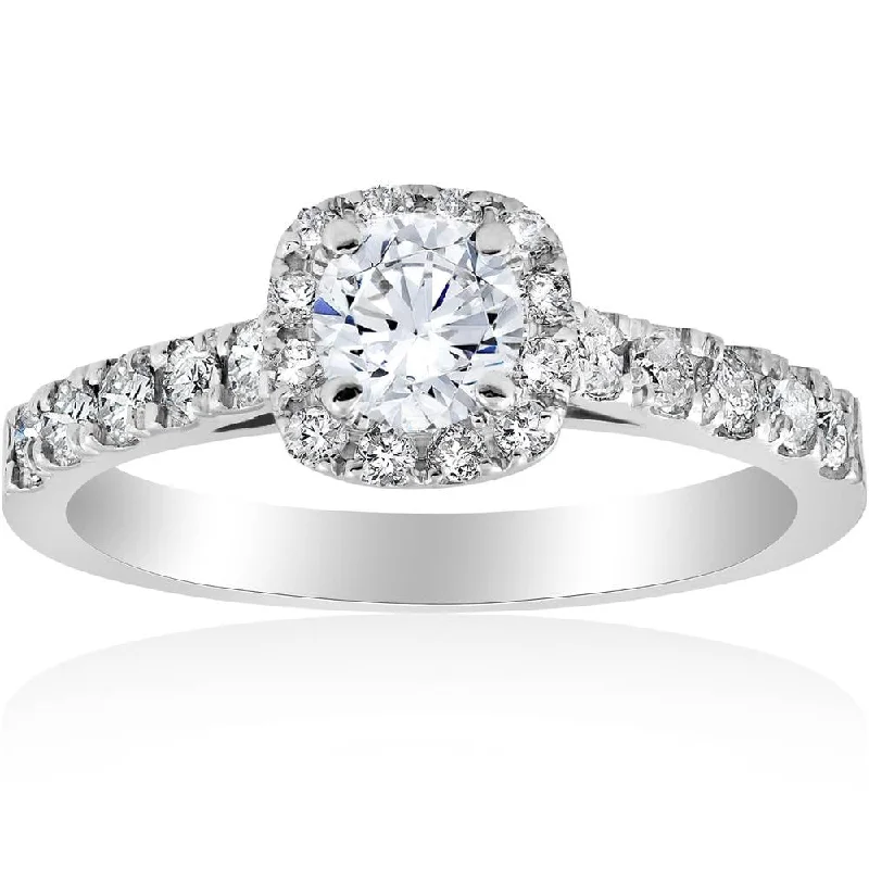 vintage engagement ring for men -1ct Cushion Halo Diamond Engagement Ring 14K White Gold