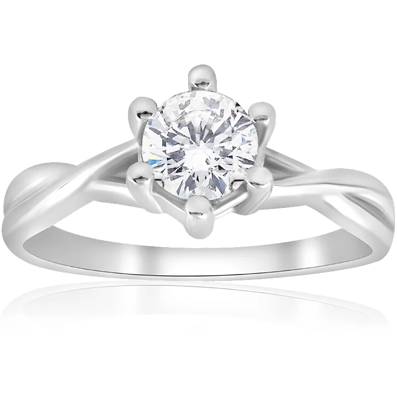 halo engagement ring for women -3/4 ct Twist Solitaire Diamond Engagement Ring 14K White Gold