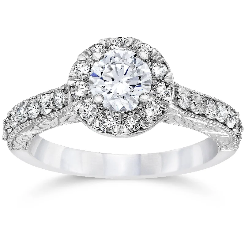 women’s diamond engagement ring set -3/4ct Vintage Halo Diamond Engagement Ring 14K White Gold