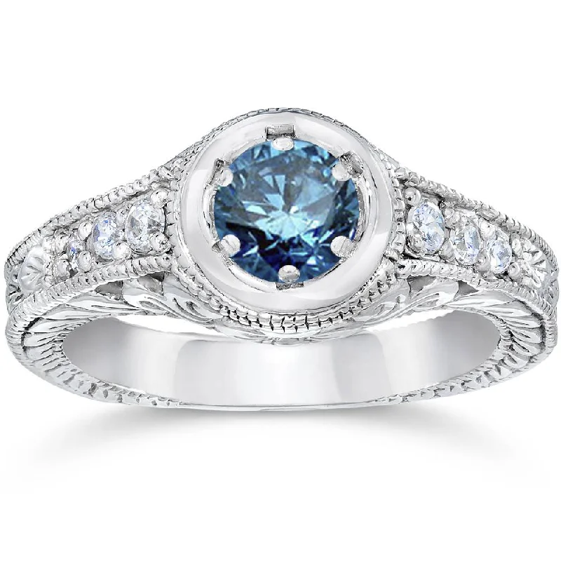 affordable engagement rings for women -5/8ct Art Deco Treated Blue Diamond Vintage Engagement Ring 14K White Gold