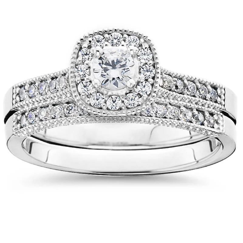 women’s cocktail ring with diamonds -5/8Ct Diamond Bridal Vintage Engagement Ring Set 10K White Gold