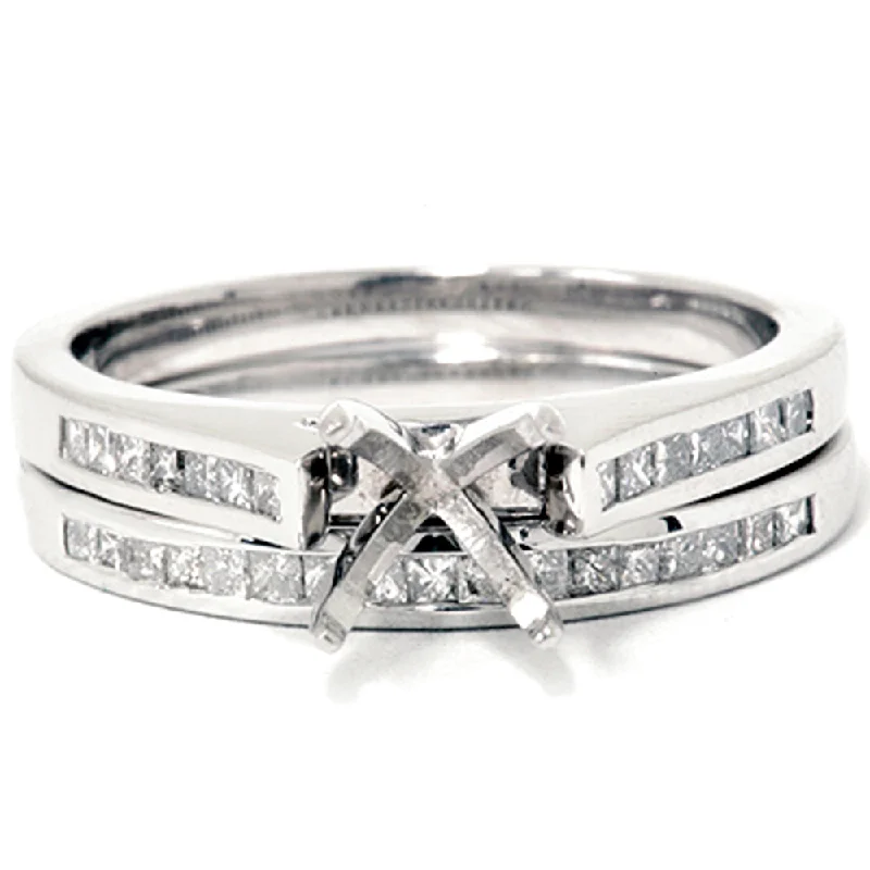 women’s wedding ring set with diamonds -7/8ct Princess Cut Diamond Semi Mount Engagement Wedding Ring Set 14K White Gold