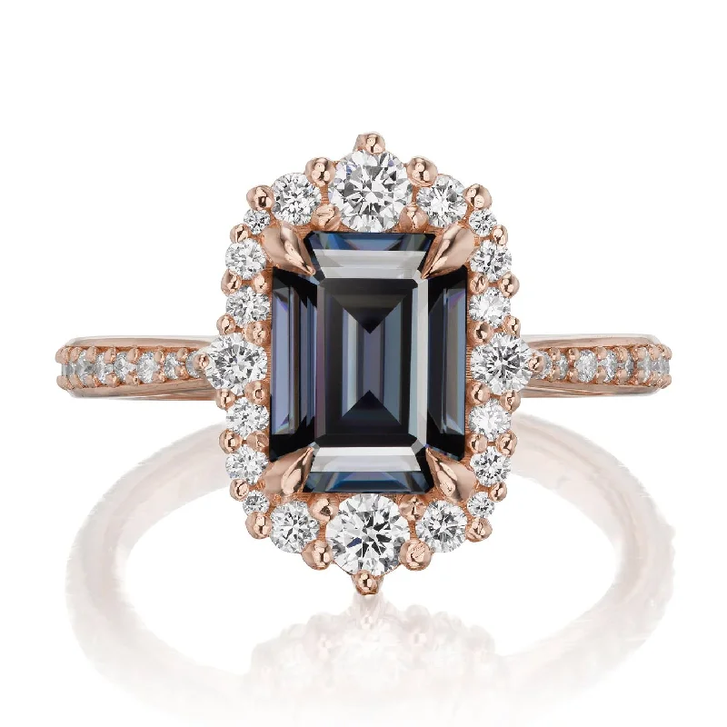 women’s silver ring with crystals -・ADELINE・Emerald Cut Iconic™ Grey Moissanite Center, Diamond Halo (2.16ctw+)