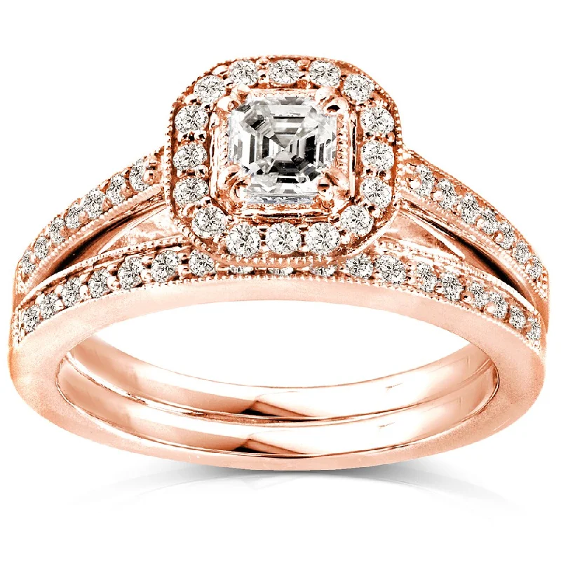 eternity band for women -Annello by Kobelli 14k Rose Gold 5/8ct TDW Asscher Diamond Halo Bridal Set