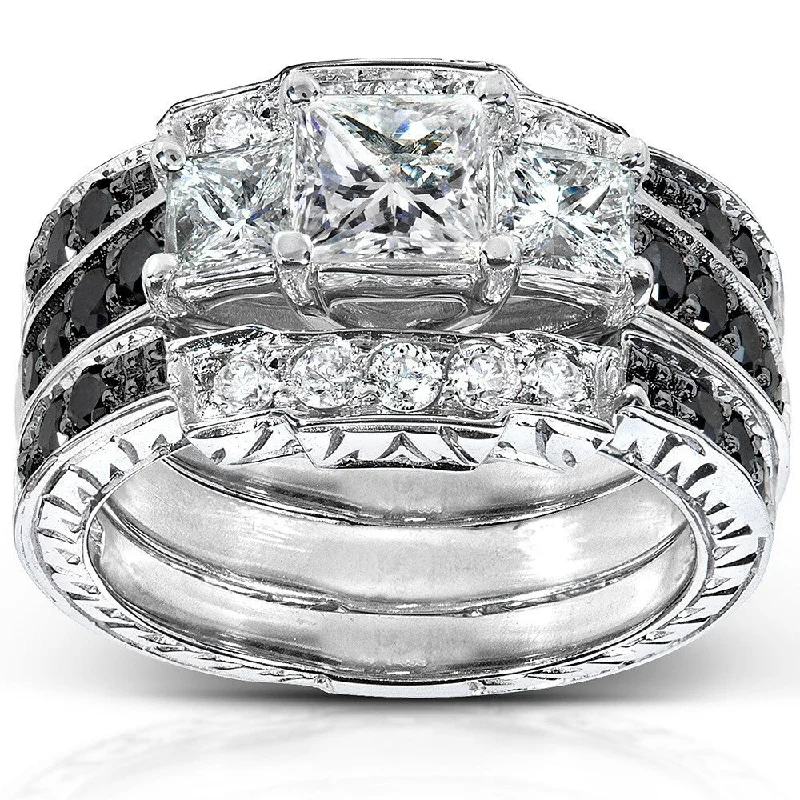 diamond ring for women -Annello by Kobelli 14k White Gold 1 7/8ct TDW Black and White Diamond 3-piece Bridal Rings Set