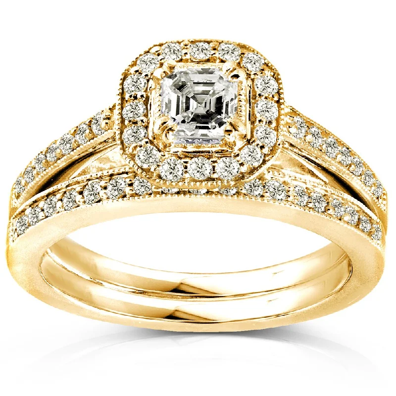 women’s cocktail ring with diamonds -Annello by Kobelli 14k Yellow Gold 5/8ct TDW Asscher Diamond Halo Bridal Set