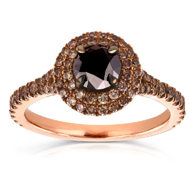 wedding rings with emerald for women -Annello by Kobelli 18k Rose Gold 1 1/2ct TDW Round Black and Champagne Diamond Double Halo Ring