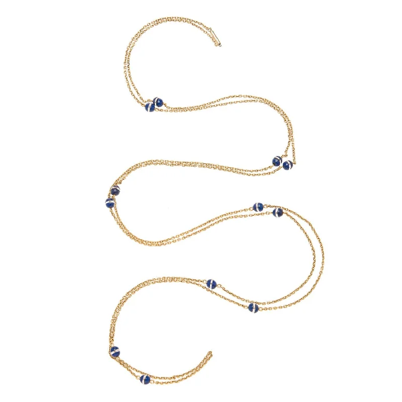 vintage style necklace for weddings -Art Deco 14k Chain Necklace with Lapis & Crystal Beads 61"