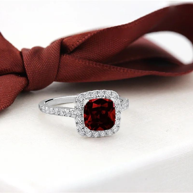 ruby engagement ring for women -Auriya 1 1/4ct Cushion-cut Garnet and Halo Diamond Engagement Ring 1/2cttw 14k Gold