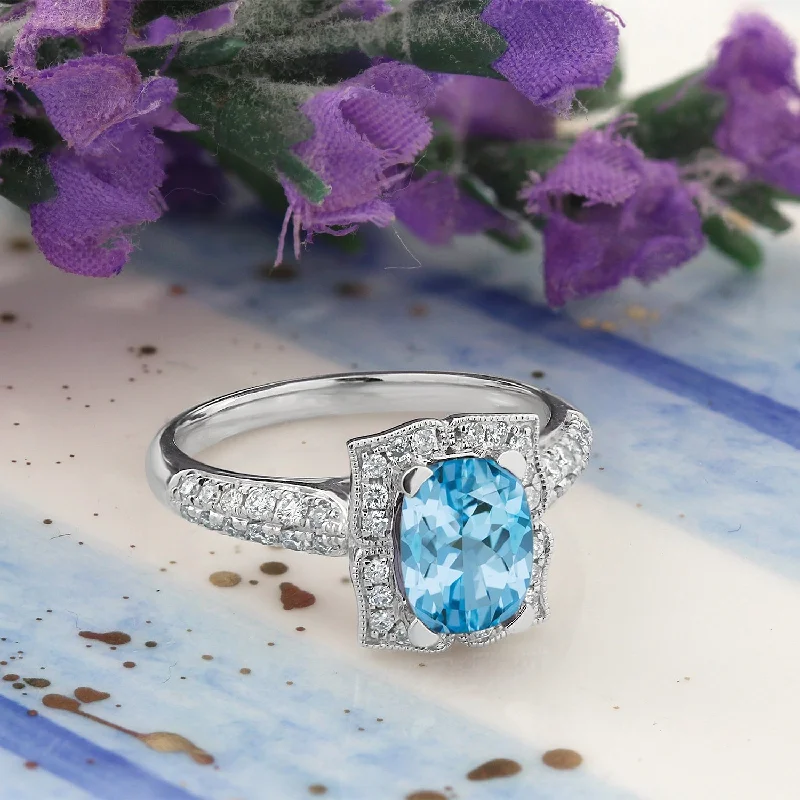 gold cocktail ring for women -Auriya 1 3/8ct Fancy Cushion-cut Sky Blue Topaz Halo Diamond Engagement Ring 1/3ctw 14k Gold