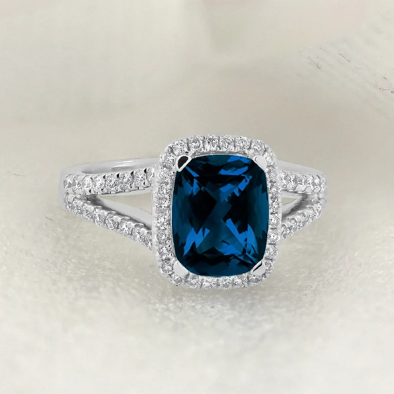 turquoise ring for men -Auriya 1 5/8ct Cushion-cut London Blue Topaz and Halo Diamond Engagement Ring 3/8cttw 14K Gold