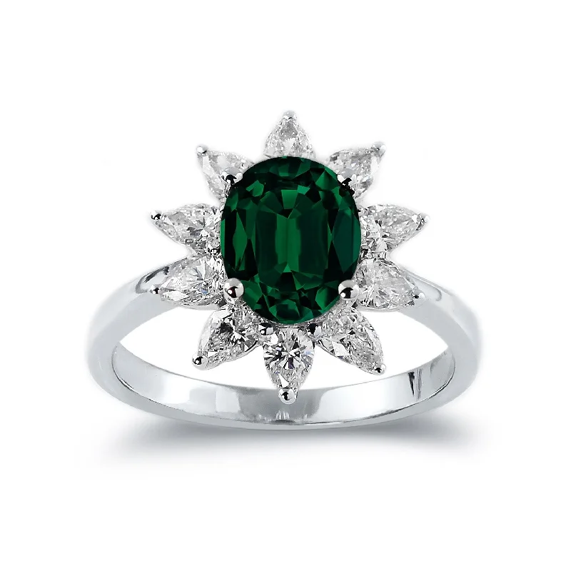 unique rings for men -Auriya 1 5/8ct Oval-cut Emerald Sunburst Halo Diamond Engagement Ring 3/4ctw 18K Gold