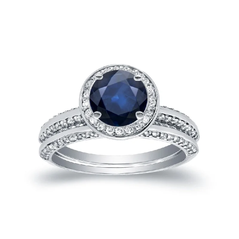 women’s silver ring with crystals -Auriya 14k Gold 14k White Gold 1ctw Blue Sapphire and 1ctw Halo Diamond Engagement Ring Set