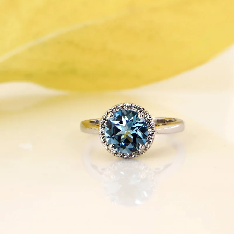 custom wedding rings for couples -Auriya 2 1/2ct Round Swiss Blue Topaz and Halo Diamond Engagement Ring 1/4ctw 14k Gold