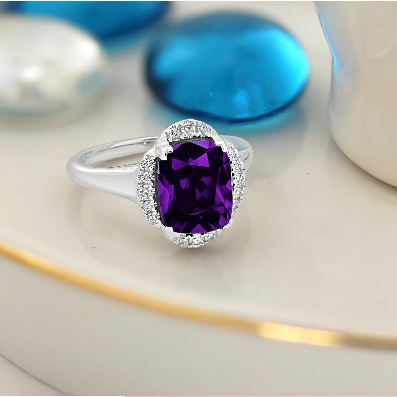 ruby engagement ring for women -Auriya 2 3/8ct Cushion-cut Purple Amethyst Halo Diamond Engagement Ring 1/8ctw 14k Gold