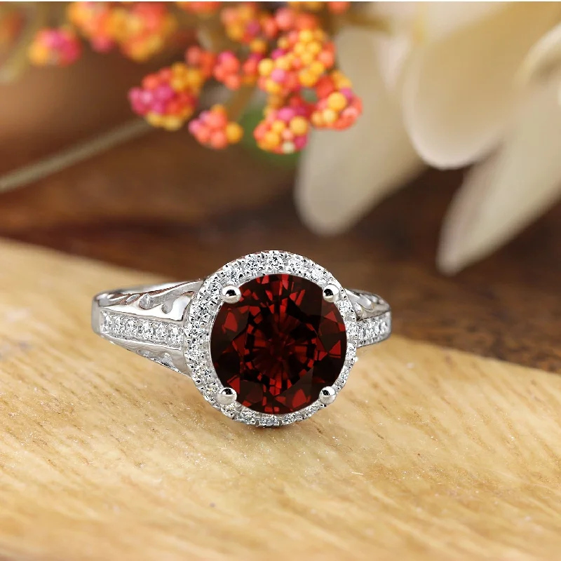 adjustable sterling silver ring for men -Auriya 2 5/8ct Fancy Round Garnet Gemstone and Halo Diamond Engagement Ring 1/5ctw 14k Gold