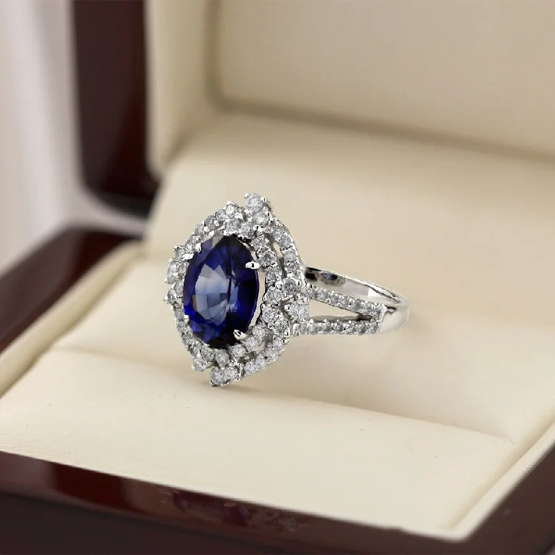 gemstone ring for women -Auriya 3 1/2ct Oval-cut Blue Sapphire and 3/4ctw Double Halo Diamond Engagement Ring 18K Gold