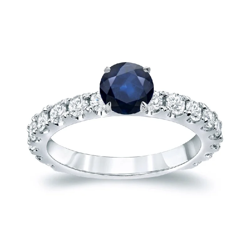 men’s stainless steel ring with engraving -Auriya Classic 3/4ct Blue Sapphire and 1ctw Diamond Engagement Ring Platinum