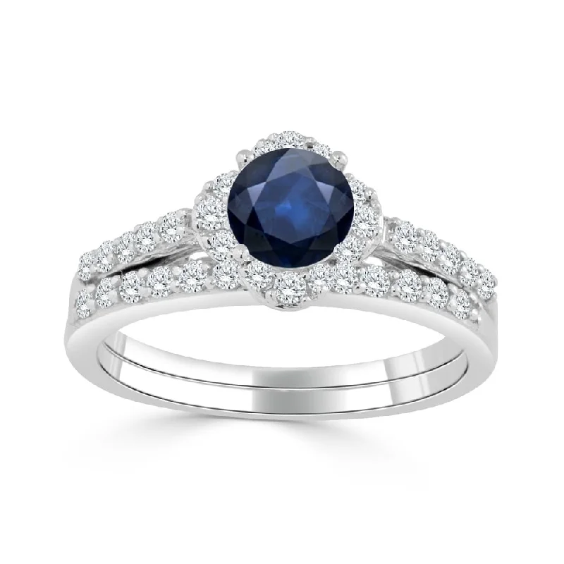 pearl ring for brides -Auriya Floral 1/2ct Blue Sapphire and 1/2ctw Halo Diamond Engagement Ring Set 14k Gold