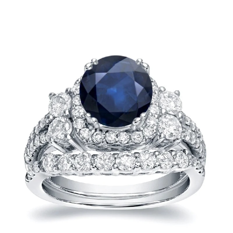 women’s cocktail ring with diamonds -Auriya Round 1ct Blue Sapphire and 1 1/3ct TDW Diamond Halo Engagement Ring Set 14k White Gold