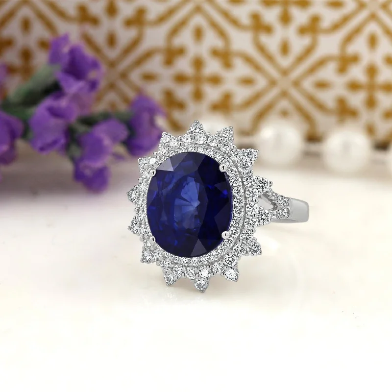 sterling silver ring for women -Auriya Unique 8 3/8ct Oval Royal Blue Sapphire Halo Diamond Engagement Ring 3/4ctw 18k Gold