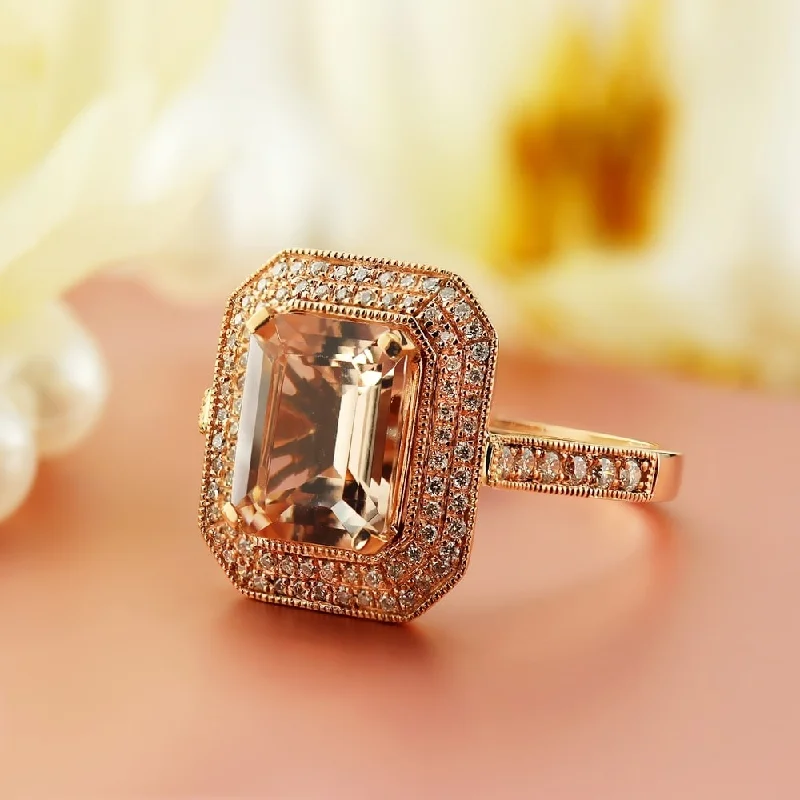 unique gold engagement ring for her -Auriya Vintage 2 3/4ct Emerald-cut Morganite 1/3ctw Halo Diamond Engagement Ring 10K Rose Gold