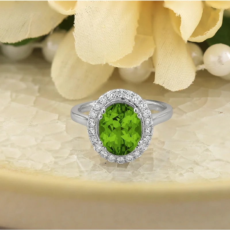 wedding rings with emerald for women -Auriya Vintage 2 5/8ct Oval Peridot and Halo Diamond Engagement Ring 1/3ctw 14k Gold