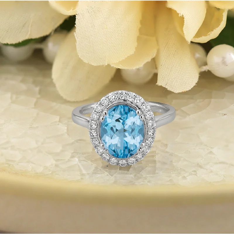 women’s silver stackable rings -Auriya Vintage 2 5/8ct Oval Sky Blue Topaz and Halo Diamond Engagement Ring 1/3ctw 14k Gold