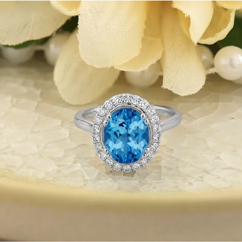 platinum wedding ring for men -Auriya Vintage 2 5/8ct Oval Swiss Blue Topaz and Halo Diamond Engagement Ring 1/3ctw 14k Gold