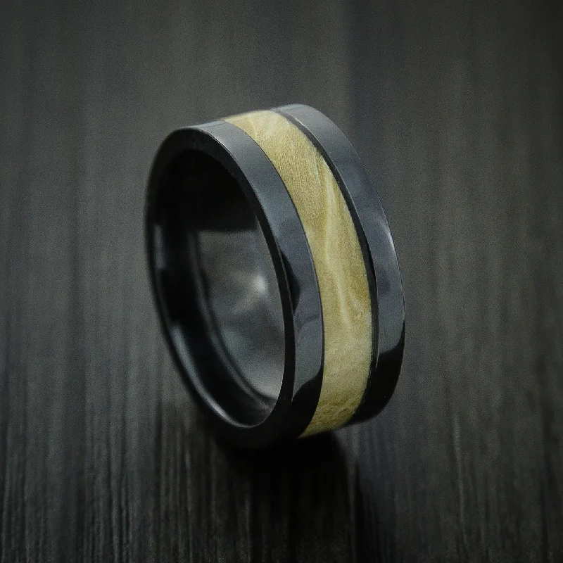 cubic zirconia ring for women -Black Titanium Men's Ring Inlaid with Boxelder Burl Wood Custom Made