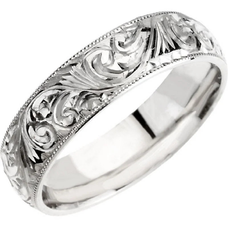 silver eternity ring for women -Hand Engraved Band 6mm "Parker" Comfort Fit Band with Milgrain Edge in Platinum