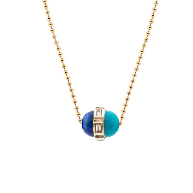 sapphire necklace for women -Lapis/Turquoise Pendant With White Diamonds On A Gold Ball Chain Necklace