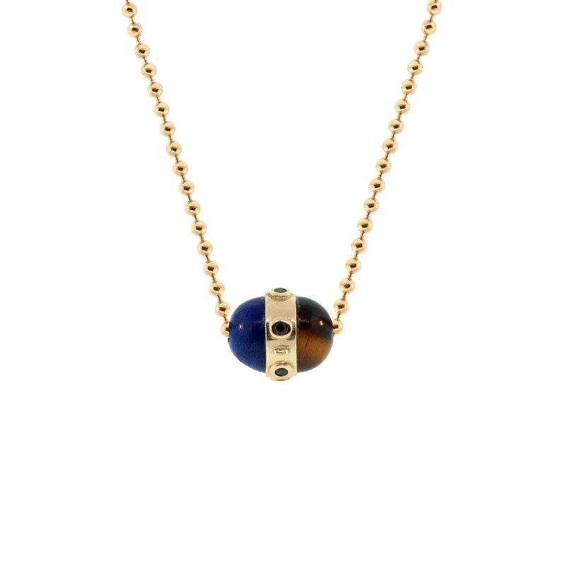 boho style necklace for summer -Lapis/Tiger's Eye Pendant With Black Diamonds On A Gold Ball Chain Necklace