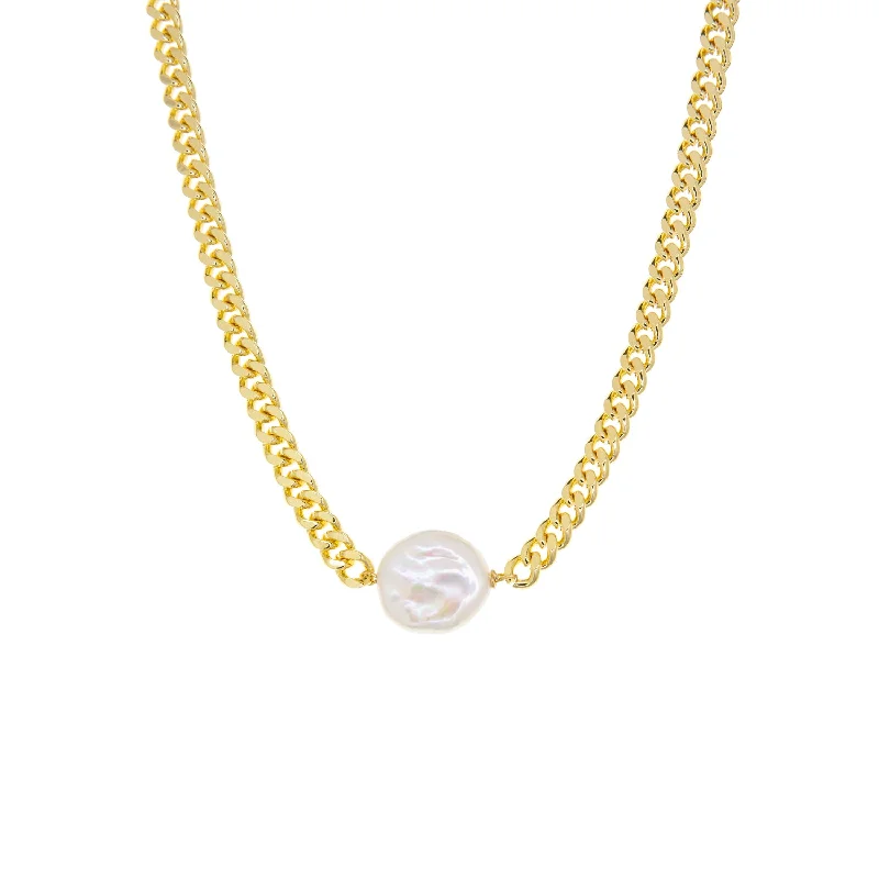 delicate gold necklace for layering -curb link chain with pearl